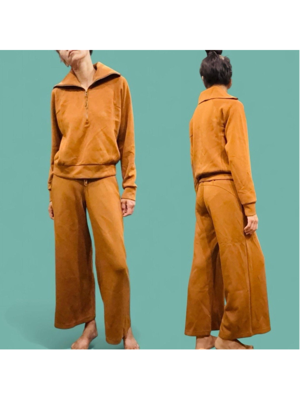SPANX AirEssentials Burnt Orange Quarter Zip Wide Leg Pants Set XS EUC